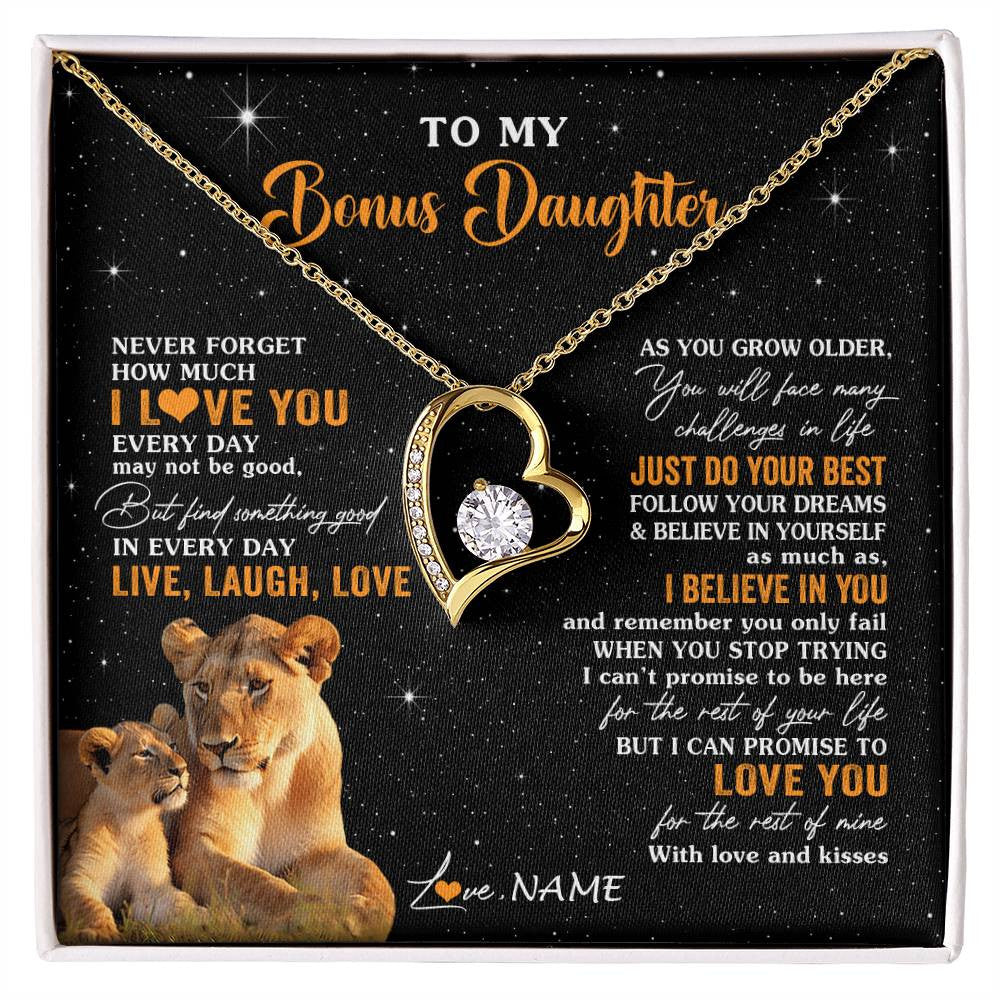 Forever Love Necklace 18K Yellow Gold Finish | 1 | Personalized To My Bonus Daughter Necklace From Stepmom Live Laugh Love Lion Stepdaughter Birthday Gifts Positive Christmas Customized Gift Box Message Card | siriusteestore