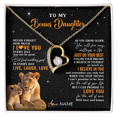 Forever Love Necklace 18K Yellow Gold Finish | 1 | Personalized To My Bonus Daughter Necklace From Stepmom Live Laugh Love Lion Stepdaughter Birthday Gifts Positive Christmas Customized Gift Box Message Card | siriusteestore