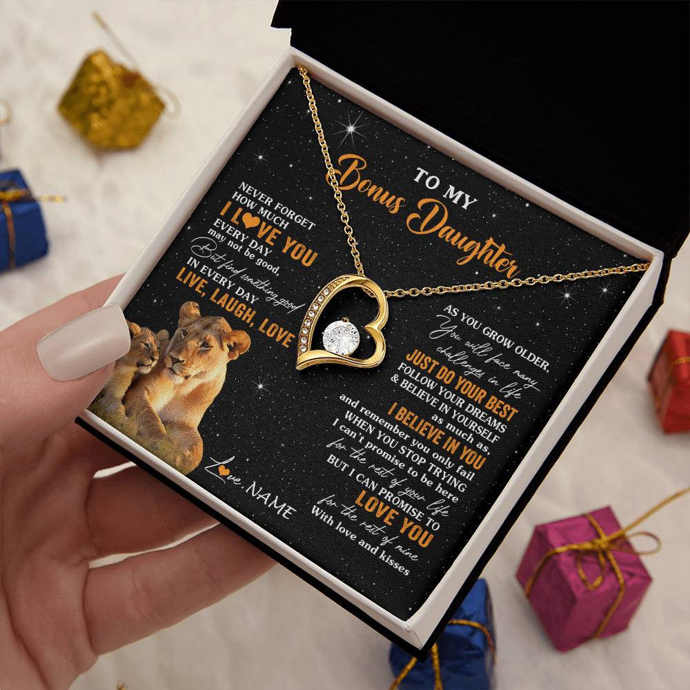 Forever Love Necklace 18K Yellow Gold Finish | 2 | Personalized To My Bonus Daughter Necklace From Stepmom Live Laugh Love Lion Stepdaughter Birthday Gifts Positive Christmas Customized Gift Box Message Card | siriusteestore