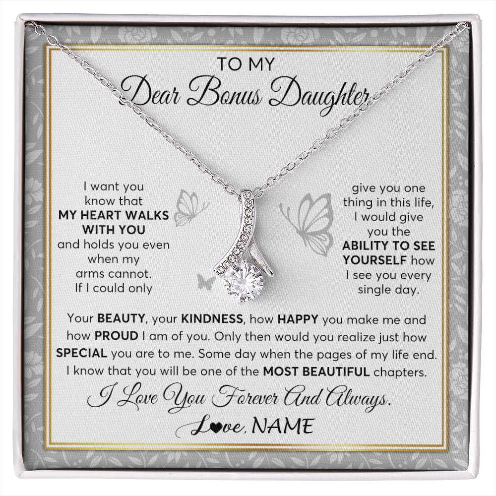 Alluring Beauty Necklace 14K White Gold Finish | 1 | Personalized To My Bonus Daughter Necklace From Stepmom My Heart Walks With You Birthday Gifts Jewelry Graduation Christmas Customized Gift Box Message Card | siriusteestore