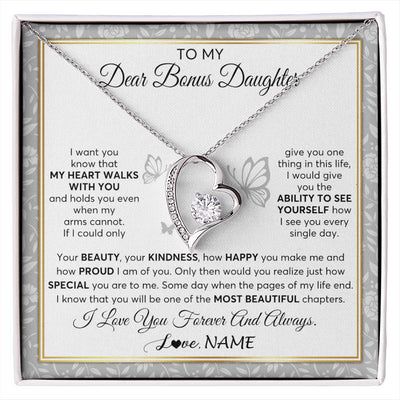Forever Love Necklace 14K White Gold Finish | 1 | Personalized To My Bonus Daughter Necklace From Stepmom My Heart Walks With You Birthday Gifts Jewelry Graduation Christmas Customized Gift Box Message Card | siriusteestore