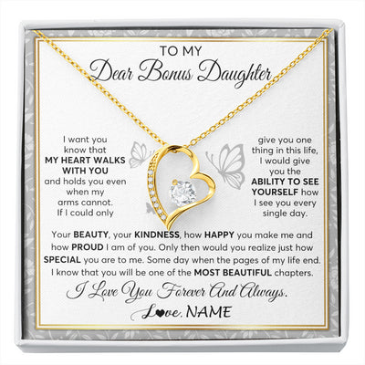 Forever Love Necklace 18K Yellow Gold Finish | 1 | Personalized To My Bonus Daughter Necklace From Stepmom My Heart Walks With You Birthday Gifts Jewelry Graduation Christmas Customized Gift Box Message Card | siriusteestore