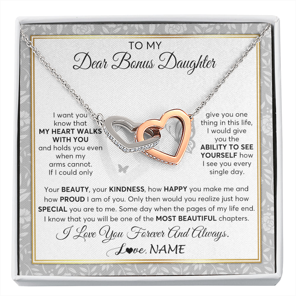 Interlocking Hearts Necklace Stainless Steel & Rose Gold Finish | 1 | Personalized To My Bonus Daughter Necklace From Stepmom My Heart Walks With You Birthday Gifts Jewelry Graduation Christmas Customized Gift Box Message Card | siriusteestore