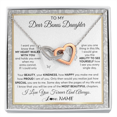 Interlocking Hearts Necklace Stainless Steel & Rose Gold Finish | 1 | Personalized To My Bonus Daughter Necklace From Stepmom My Heart Walks With You Birthday Gifts Jewelry Graduation Christmas Customized Gift Box Message Card | siriusteestore