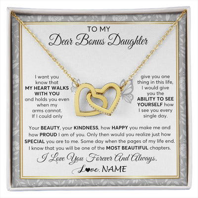 Interlocking Hearts Necklace 18K Yellow Gold Finish | 1 | Personalized To My Bonus Daughter Necklace From Stepmom My Heart Walks With You Birthday Gifts Jewelry Graduation Christmas Customized Gift Box Message Card | siriusteestore