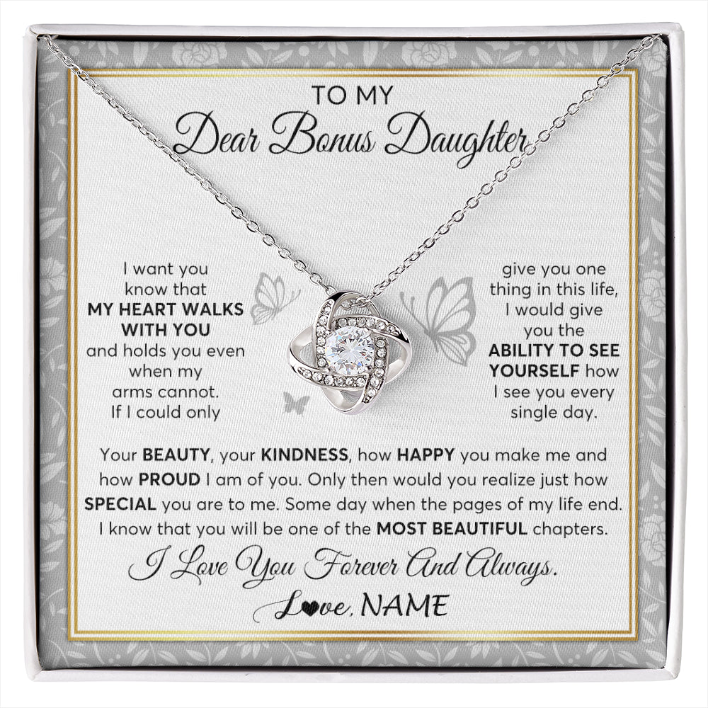 Love Knot Necklace 14K White Gold Finish | 1 | Personalized To My Bonus Daughter Necklace From Stepmom My Heart Walks With You Birthday Gifts Jewelry Graduation Christmas Customized Gift Box Message Card | siriusteestore