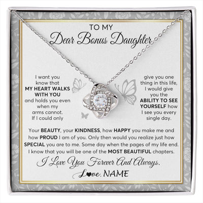 Love Knot Necklace 14K White Gold Finish | 1 | Personalized To My Bonus Daughter Necklace From Stepmom My Heart Walks With You Birthday Gifts Jewelry Graduation Christmas Customized Gift Box Message Card | siriusteestore