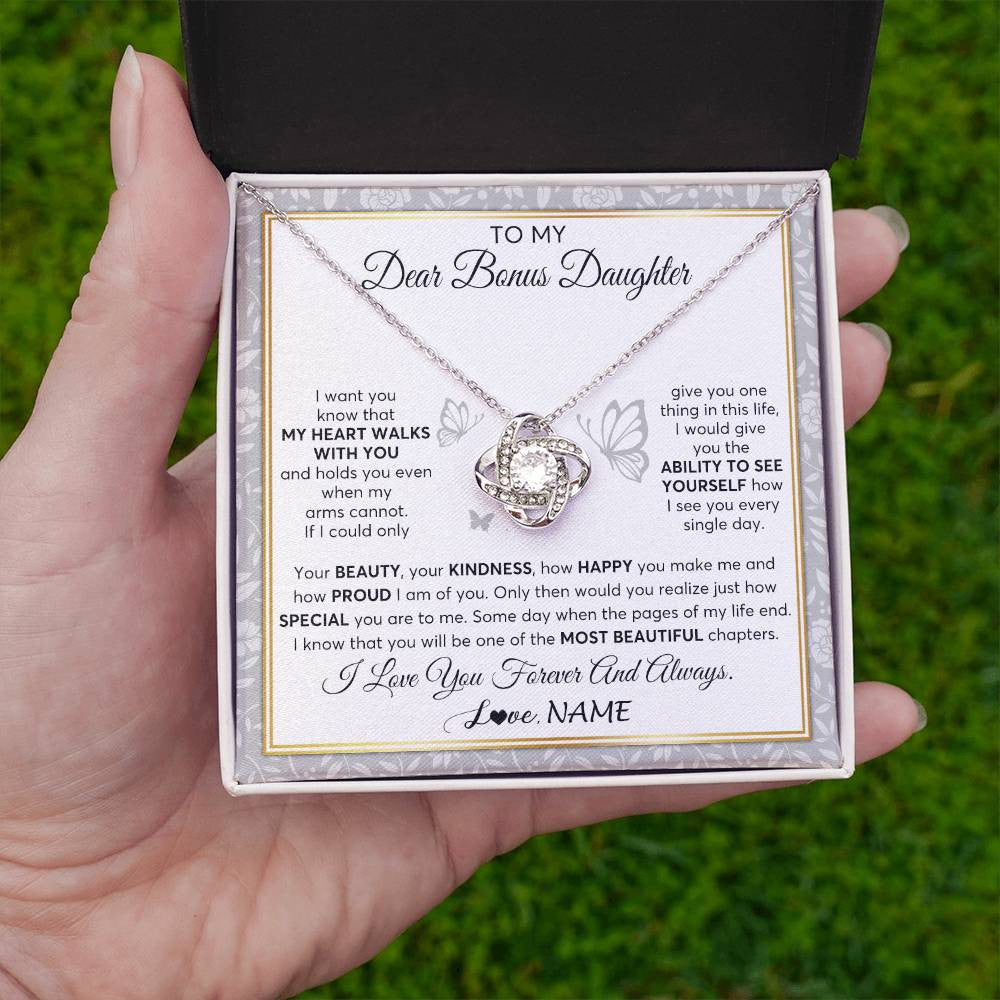 Love Knot Necklace 14K White Gold Finish | 2 | Personalized To My Bonus Daughter Necklace From Stepmom My Heart Walks With You Birthday Gifts Jewelry Graduation Christmas Customized Gift Box Message Card | siriusteestore