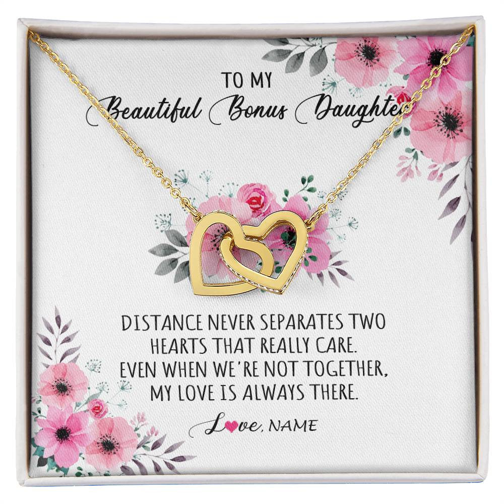 Interlocking Hearts Necklace 18K Yellow Gold Finish | Personalized To My Bonus Daughter Necklace From Stepmom My Love Is Always There Stepdaughter Birthday Graduation Christmas Customized Gift Box Message Card | siriusteestore