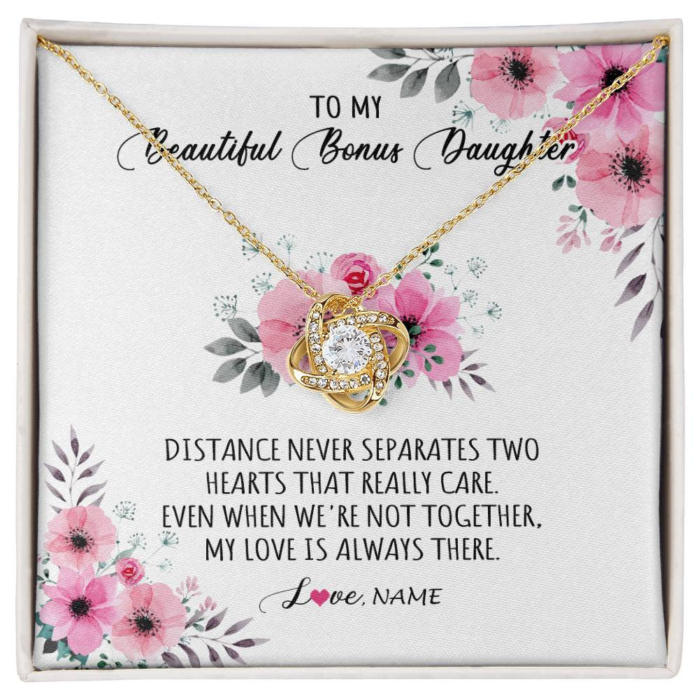 Love Knot Necklace 18K Yellow Gold Finish | Personalized To My Bonus Daughter Necklace From Stepmom My Love Is Always There Stepdaughter Birthday Graduation Christmas Customized Gift Box Message Card | siriusteestore