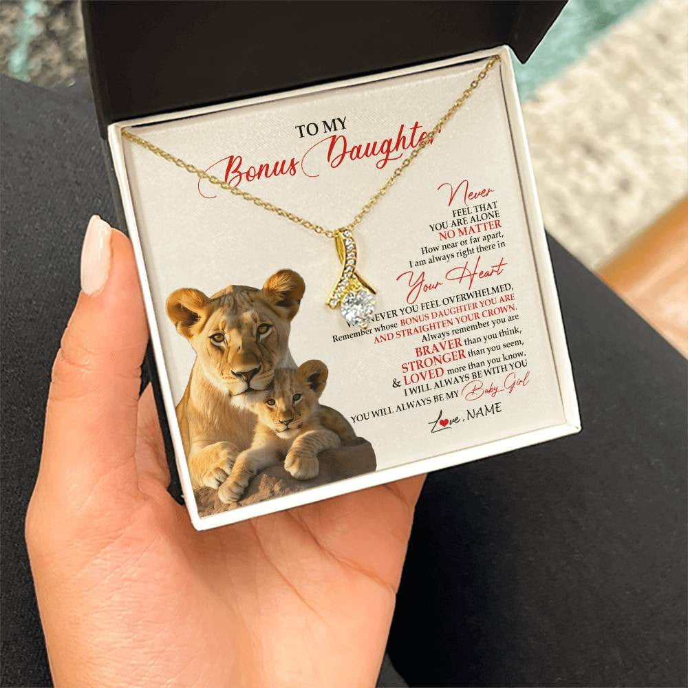 Alluring Beauty Necklace 18K Yellow Gold Finish | 2 | Personalized To My Bonus Daughter Necklace From Stepmom Never Feel You Are Alone Lion Stepdaughter Birthday Christmas Customized Gift Box Message Card | siriusteestore