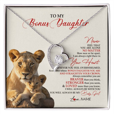 Forever Love Necklace 14K White Gold Finish | 1 | Personalized To My Bonus Daughter Necklace From Stepmom Never Feel You Are Alone Lion Stepdaughter Birthday Christmas Customized Gift Box Message Card | siriusteestore