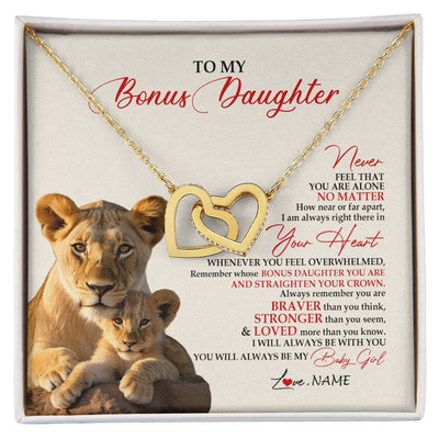 Interlocking Hearts Necklace 18K Yellow Gold Finish | 1 | Personalized To My Bonus Daughter Necklace From Stepmom Never Feel You Are Alone Lion Stepdaughter Birthday Christmas Customized Gift Box Message Card | siriusteestore