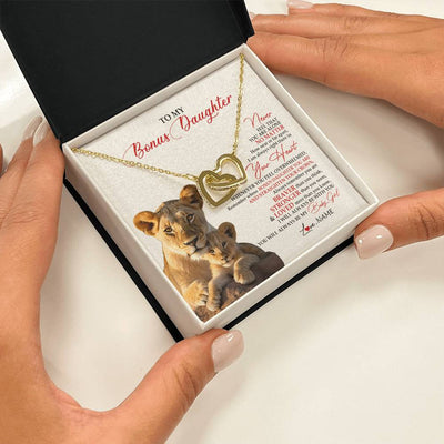 Interlocking Hearts Necklace 18K Yellow Gold Finish | 2 | Personalized To My Bonus Daughter Necklace From Stepmom Never Feel You Are Alone Lion Stepdaughter Birthday Christmas Customized Gift Box Message Card | siriusteestore