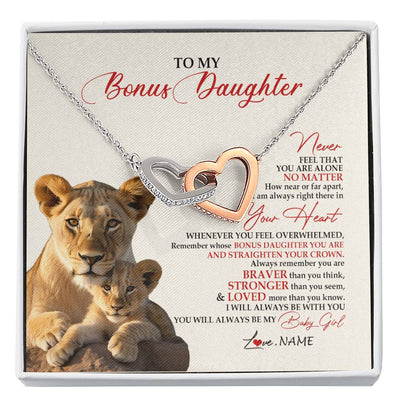 Interlocking Hearts Necklace Stainless Steel & Rose Gold Finish | 1 | Personalized To My Bonus Daughter Necklace From Stepmom Never Feel You Are Alone Lion Stepdaughter Birthday Christmas Customized Gift Box Message Card | siriusteestore