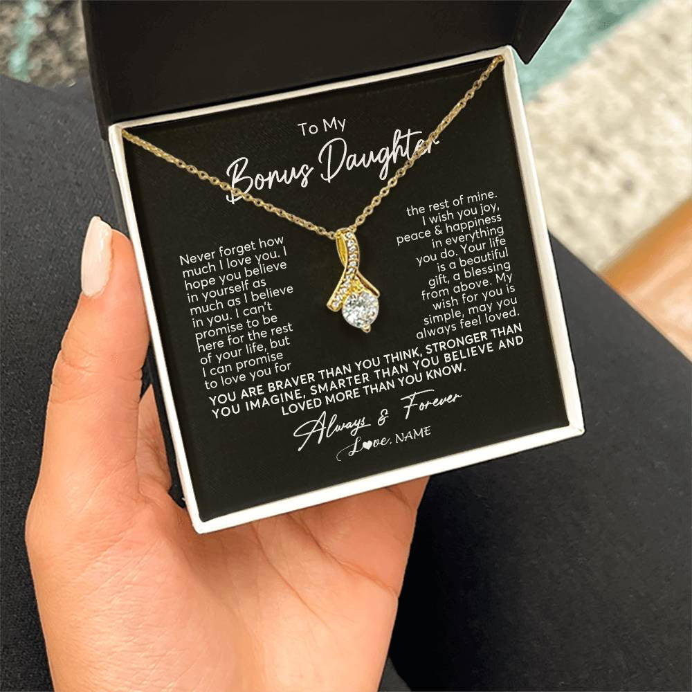 Alluring Beauty Necklace 18K Yellow Gold Finish | Personalized To My Bonus Daughter Necklace From Stepmom Never Forget How Much I Love You Stepdaughter Birthday Christmas Customized Gift Box Message Card | siriusteestore