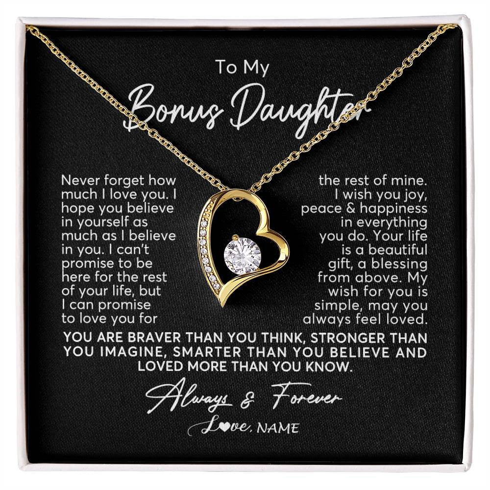 Forever Love Necklace 18K Yellow Gold Finish | Personalized To My Bonus Daughter Necklace From Stepmom Never Forget How Much I Love You Stepdaughter Birthday Christmas Customized Gift Box Message Card | siriusteestore