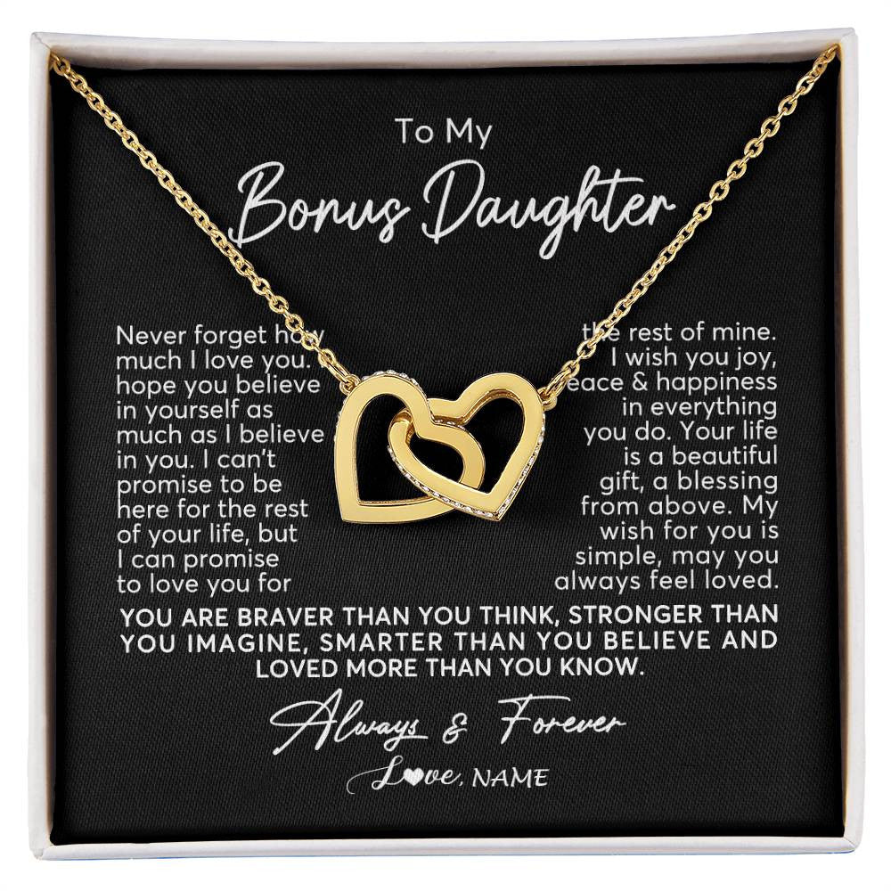 Interlocking Hearts Necklace 18K Yellow Gold Finish | Personalized To My Bonus Daughter Necklace From Stepmom Never Forget How Much I Love You Stepdaughter Birthday Christmas Customized Gift Box Message Card | siriusteestore