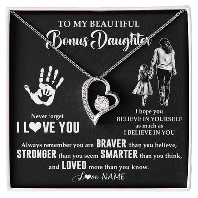 Forever Love Necklace 14K White Gold Finish | 1 | Personalized To My Bonus Daughter Necklace From Stepmom Never Forget I Love You Stepdaughter Birthday Christmas Graduation Customized Gift Box Message Card | siriusteestore