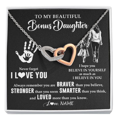 Interlocking Hearts Necklace Stainless Steel & Rose Gold Finish | 1 | Personalized To My Bonus Daughter Necklace From Stepmom Never Forget I Love You Stepdaughter Birthday Christmas Graduation Customized Gift Box Message Card | siriusteestore