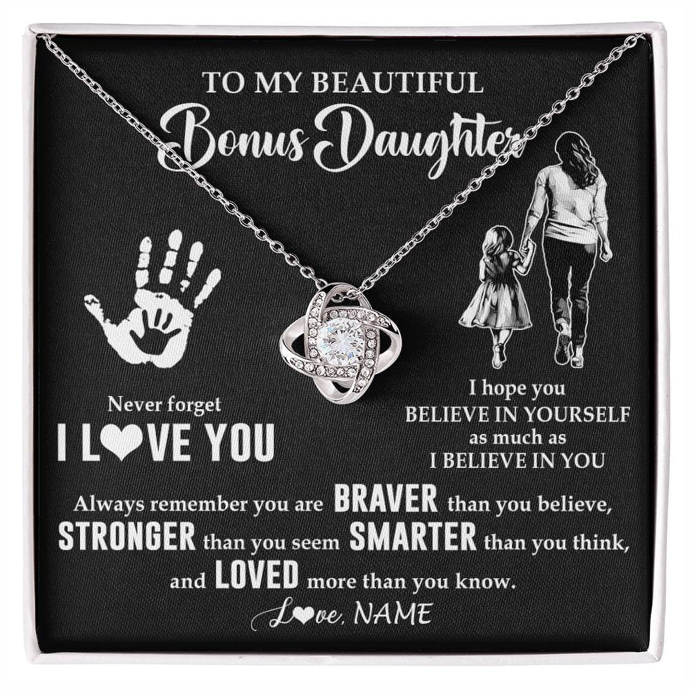 Love Knot Necklace 14K White Gold Finish | 1 | Personalized To My Bonus Daughter Necklace From Stepmom Never Forget I Love You Stepdaughter Birthday Christmas Graduation Customized Gift Box Message Card | siriusteestore