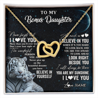 Interlocking Hearts Necklace 18K Yellow Gold Finish | 1 | Personalized To My Bonus Daughter Necklace From Stepmom Never Forget I Love You White Tiger Stepdaughter Birthday Christmas Customized Gift Box Message Card | siriusteestore