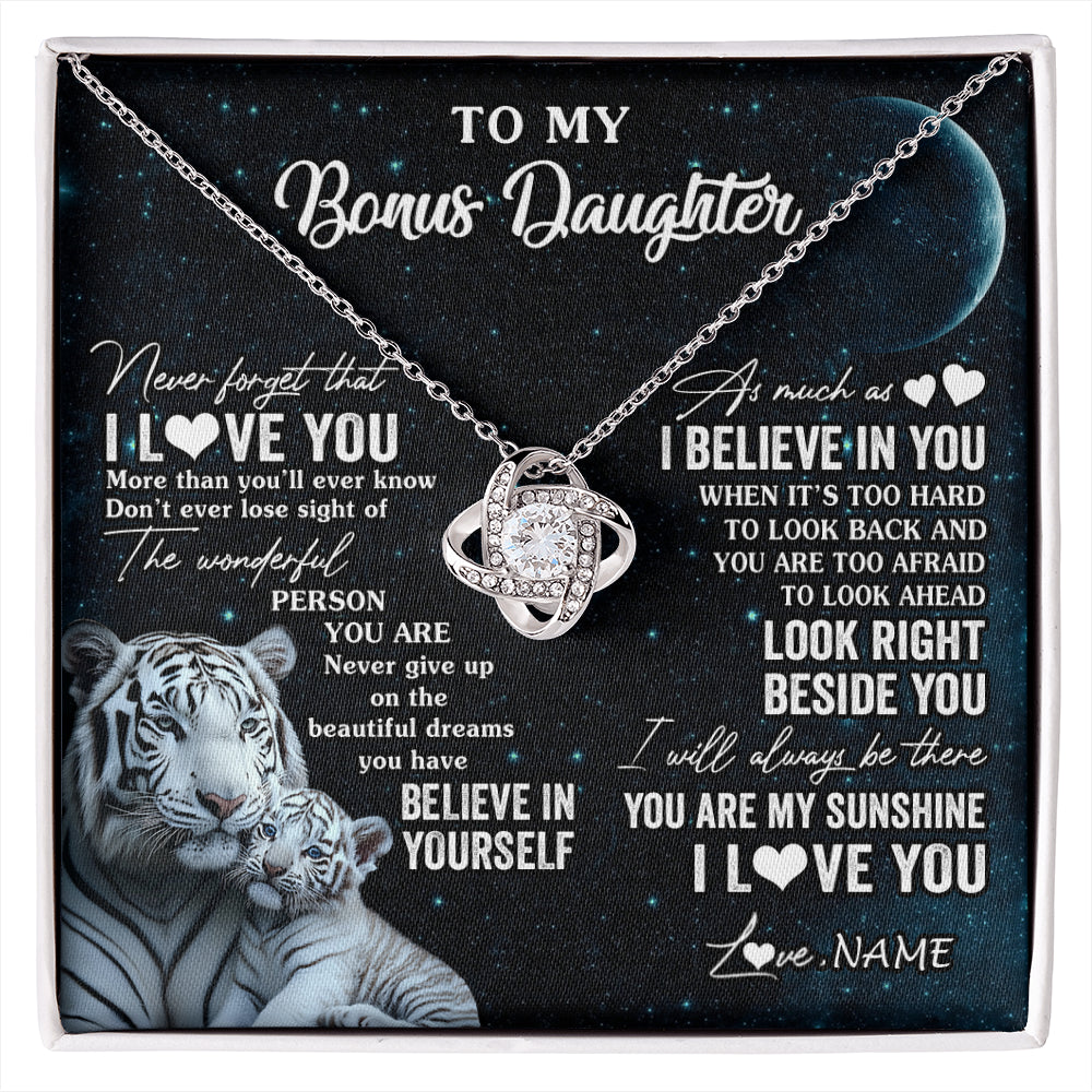 Love Knot Necklace 14K White Gold Finish | 1 | Personalized To My Bonus Daughter Necklace From Stepmom Never Forget I Love You White Tiger Stepdaughter Birthday Christmas Customized Gift Box Message Card | siriusteestore