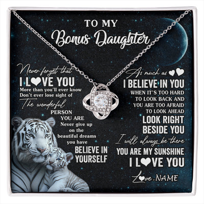 Love Knot Necklace 14K White Gold Finish | 1 | Personalized To My Bonus Daughter Necklace From Stepmom Never Forget I Love You White Tiger Stepdaughter Birthday Christmas Customized Gift Box Message Card | siriusteestore