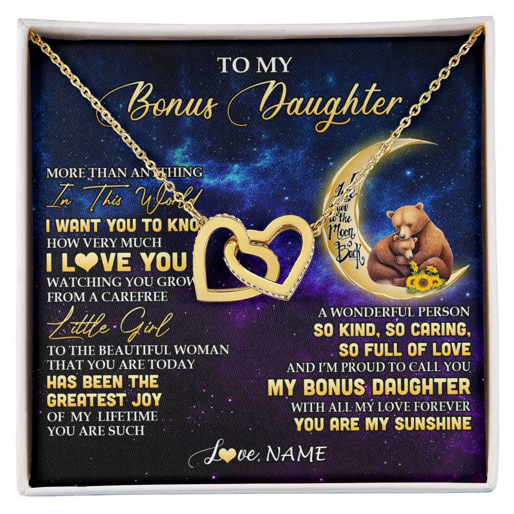 Interlocking Hearts Necklace 18K Yellow Gold Finish | 1 | Personalized To My Bonus Daughter Necklace From Stepmom Positive Energy Encourage Brave Little Bear Birthday Gifts Christmas Customized Gift Box Message Card | siriusteestore