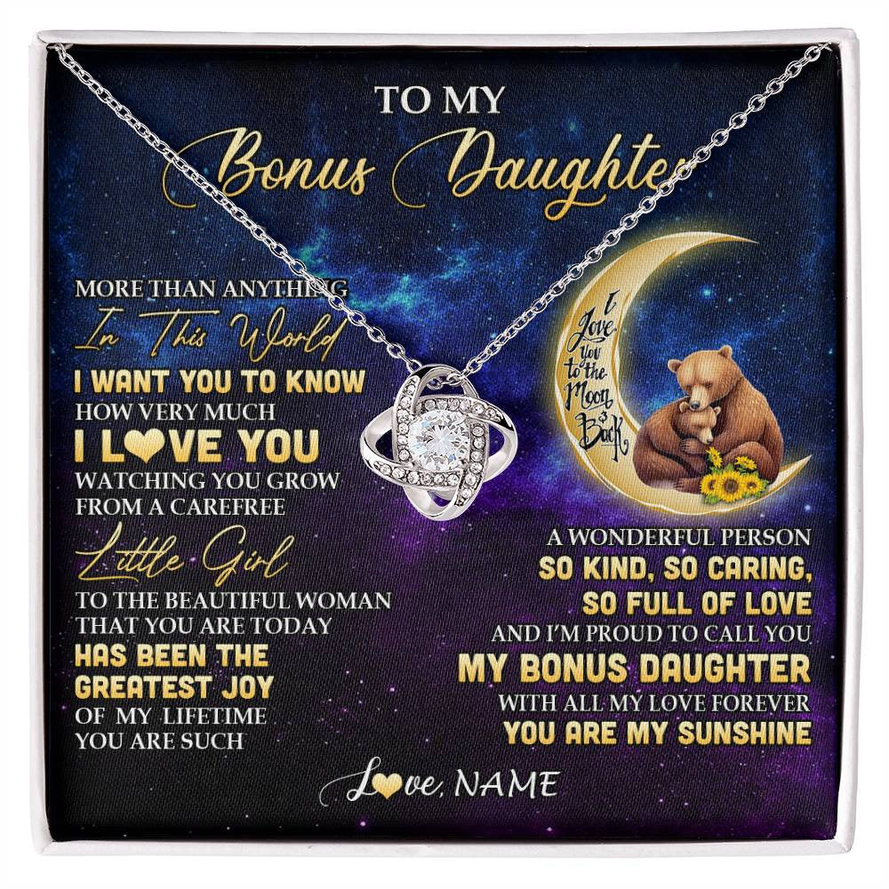 Love Knot Necklace 14K White Gold Finish | 1 | Personalized To My Bonus Daughter Necklace From Stepmom Positive Energy Encourage Brave Little Bear Birthday Gifts Christmas Customized Gift Box Message Card | siriusteestore