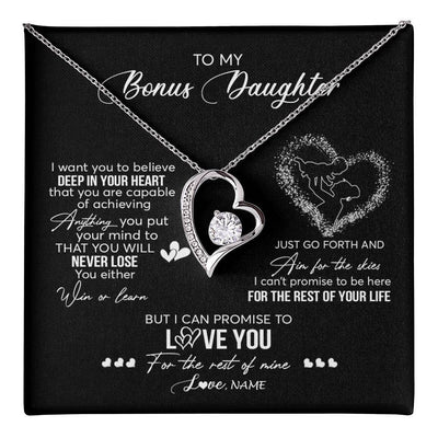 Forever Love Necklace 14K White Gold Finish | 1 | Personalized To My Bonus Daughter Necklace From Stepmom Promise To Love You Stepdaughter Birthday Christmas Pendant Customized Gift Box Message Card | siriusteestore
