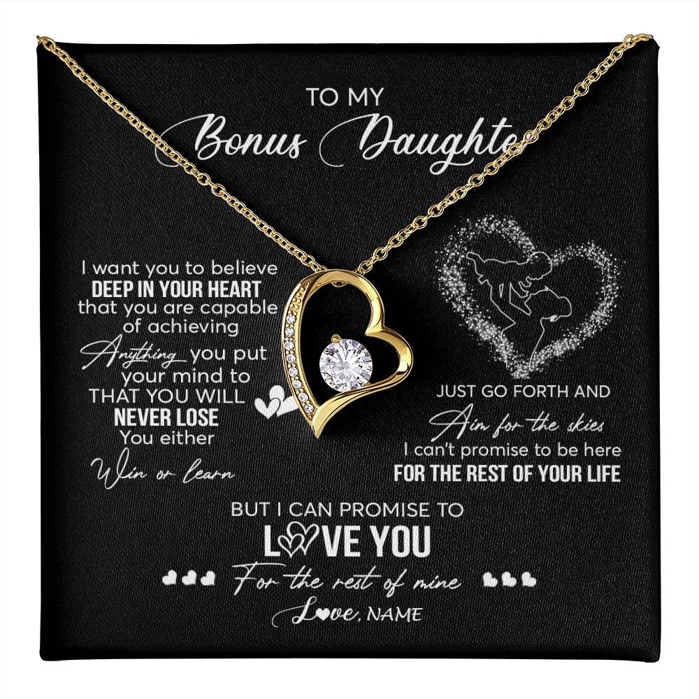 Forever Love Necklace 18K Yellow Gold Finish | 1 | Personalized To My Bonus Daughter Necklace From Stepmom Promise To Love You Stepdaughter Birthday Christmas Pendant Customized Gift Box Message Card | siriusteestore