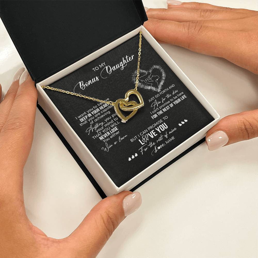 Interlocking Hearts Necklace 18K Yellow Gold Finish | 2 | Personalized To My Bonus Daughter Necklace From Stepmom Promise To Love You Stepdaughter Birthday Christmas Pendant Customized Gift Box Message Card | siriusteestore