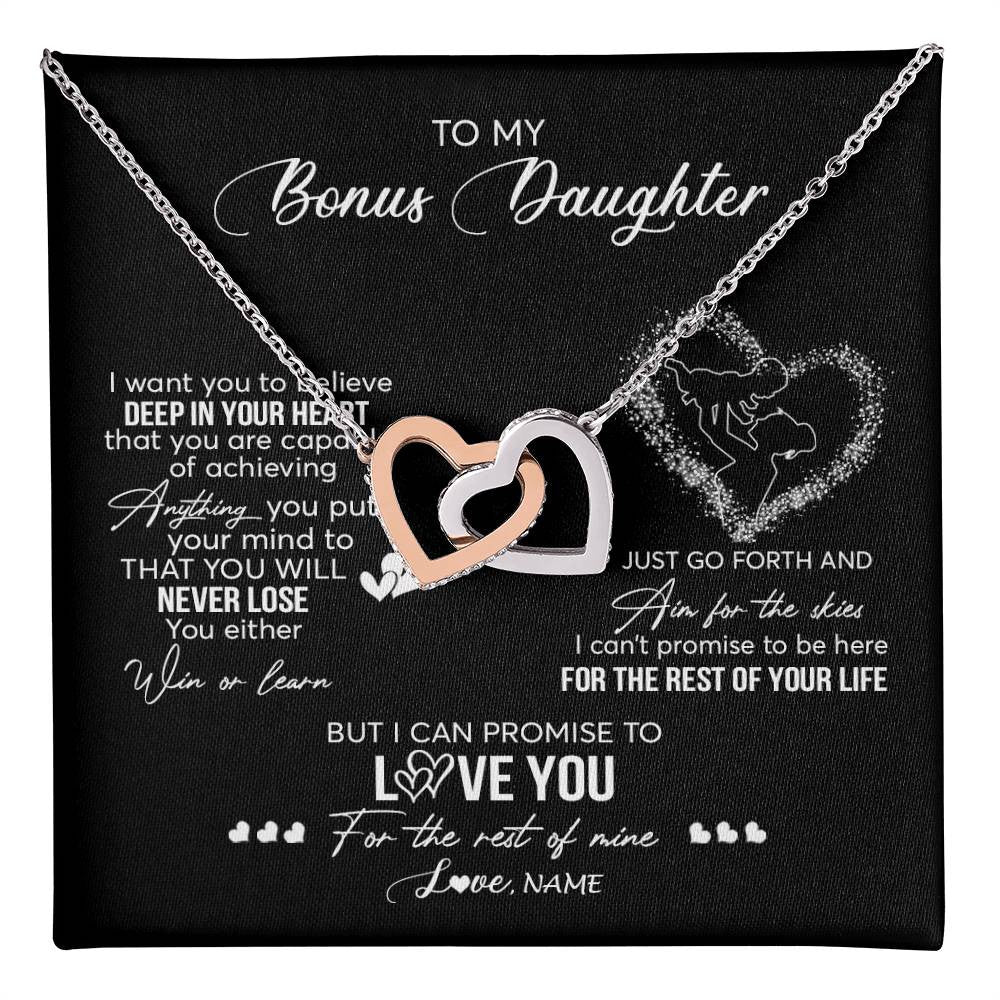 Interlocking Hearts Necklace Stainless Steel & Rose Gold Finish | 1 | Personalized To My Bonus Daughter Necklace From Stepmom Promise To Love You Stepdaughter Birthday Christmas Pendant Customized Gift Box Message Card | siriusteestore
