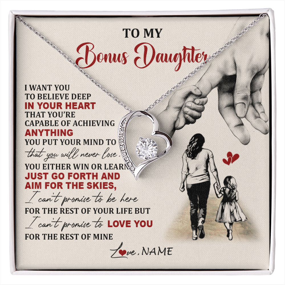 Forever Love Necklace 14K White Gold Finish | 1 | Personalized To My Bonus Daughter Necklace From Stepmom Promise To Love You Stepddaughter Birthday Valentines Day Christmas Customized Gift Box Message Card | siriusteestore