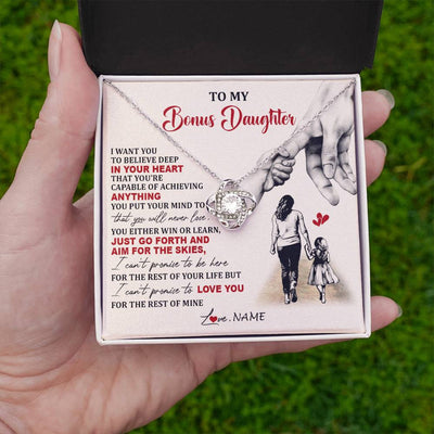 Love Knot Necklace 14K White Gold Finish | 2 | Personalized To My Bonus Daughter Necklace From Stepmom Promise To Love You Stepddaughter Birthday Valentines Day Christmas Customized Gift Box Message Card | siriusteestore