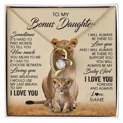 Forever Love Necklace 18K Yellow Gold Finish | 1 | Personalized To My Bonus Daughter Necklace From Stepmom Sometimes It's Hard Lion Stepdaughter Gift Birthday Jewelry Christmas Customized Gift Box Message Card | siriusteestore
