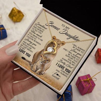 Forever Love Necklace 18K Yellow Gold Finish | 2 | Personalized To My Bonus Daughter Necklace From Stepmom Sometimes It's Hard Lion Stepdaughter Gift Birthday Jewelry Christmas Customized Gift Box Message Card | siriusteestore