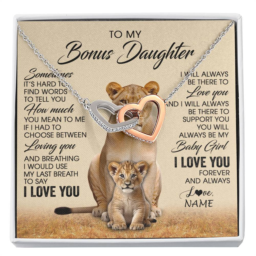 Interlocking Hearts Necklace Stainless Steel & Rose Gold Finish | 1 | Personalized To My Bonus Daughter Necklace From Stepmom Sometimes It's Hard Lion Stepdaughter Gift Birthday Jewelry Christmas Customized Gift Box Message Card | siriusteestore