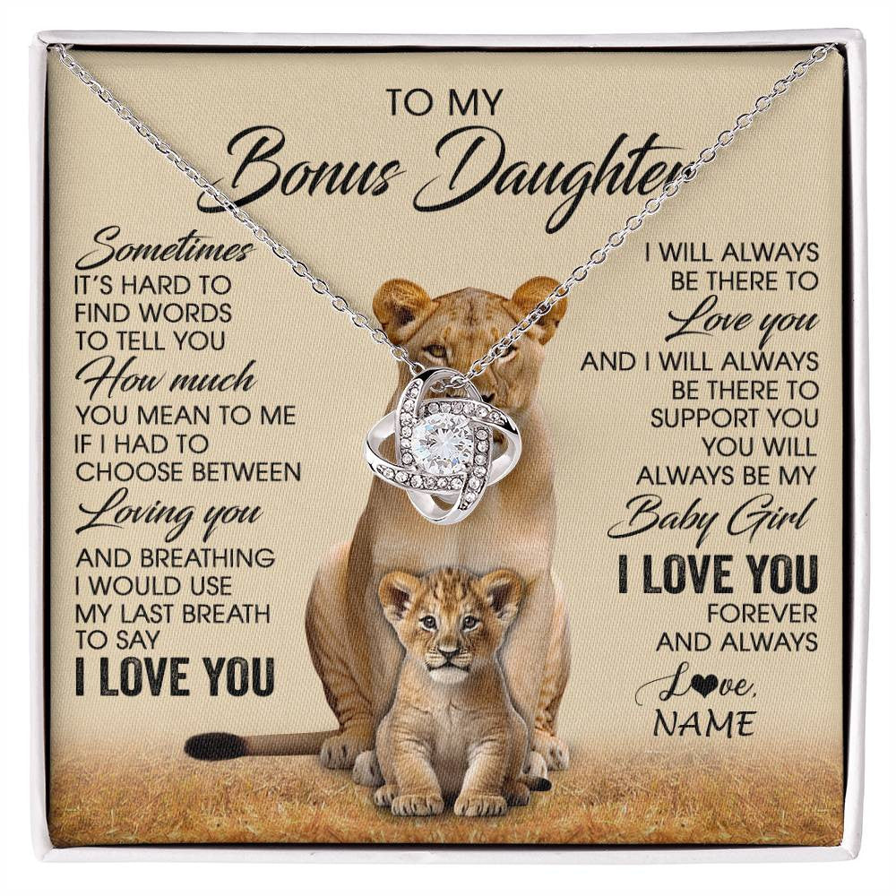 Love Knot Necklace 14K White Gold Finish | 1 | Personalized To My Bonus Daughter Necklace From Stepmom Sometimes It's Hard Lion Stepdaughter Gift Birthday Jewelry Christmas Customized Gift Box Message Card | siriusteestore