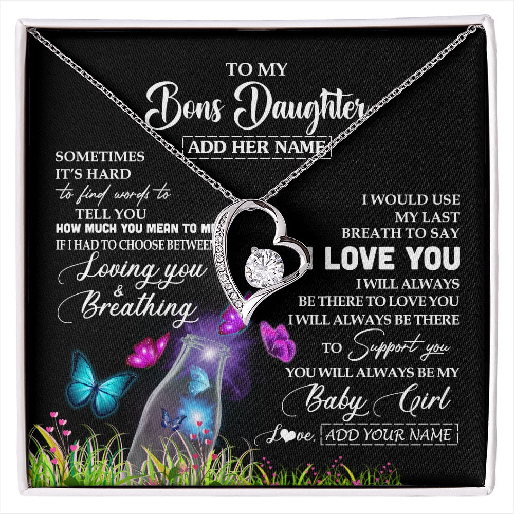 Forever Love Necklace 14K White Gold Finish | 1 | Personalized To My Bonus Daughter Necklace From Stepmom Stepdad Butterfly Sometimes Say I Love You Stepdaughter Birthday Christmas Gift Box Message Card | siriusteestore.myshopify