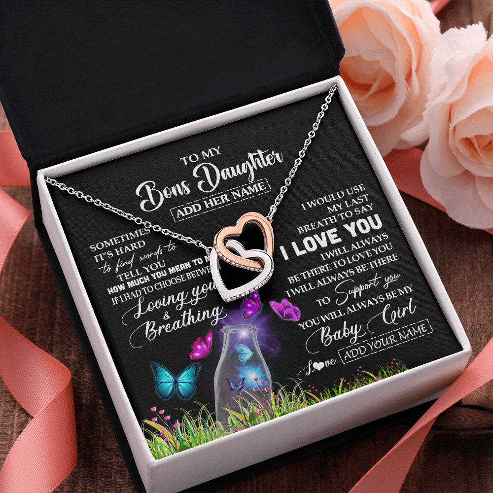 Interlocking Hearts Necklace Stainless Steel & Rose Gold Finish | 2 | Personalized To My Bonus Daughter Necklace From Stepmom Stepdad Butterfly Sometimes Say I Love You Stepdaughter Birthday Christmas Gift Box Message Card | siriusteestore.myshopify