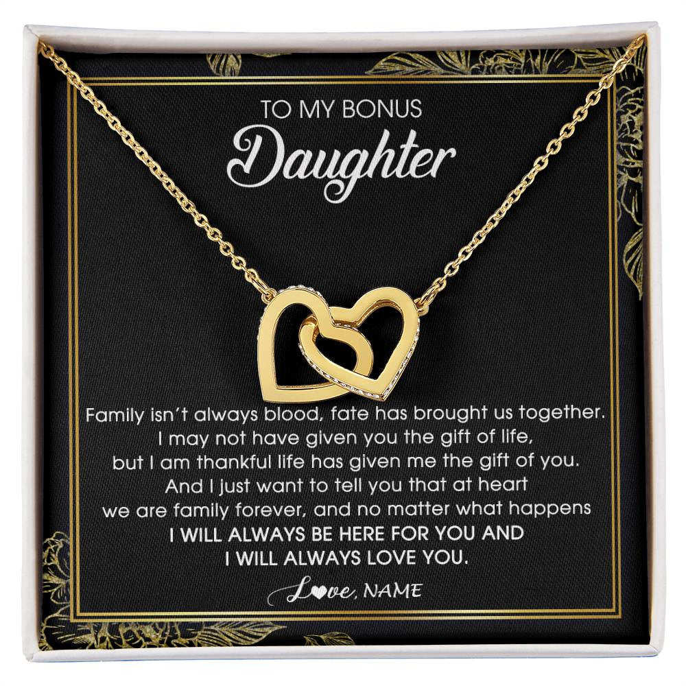 Interlocking Hearts Necklace 18K Yellow Gold Finish | Personalized To My Bonus Daughter Necklace From Stepmom Stepdad Family Forever Stepdaughter Jewelry Birthday Christmas Customized Gift Box Message Card | siriusteestore