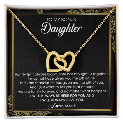 Interlocking Hearts Necklace 18K Yellow Gold Finish | Personalized To My Bonus Daughter Necklace From Stepmom Stepdad Family Forever Stepdaughter Jewelry Birthday Christmas Customized Gift Box Message Card | siriusteestore