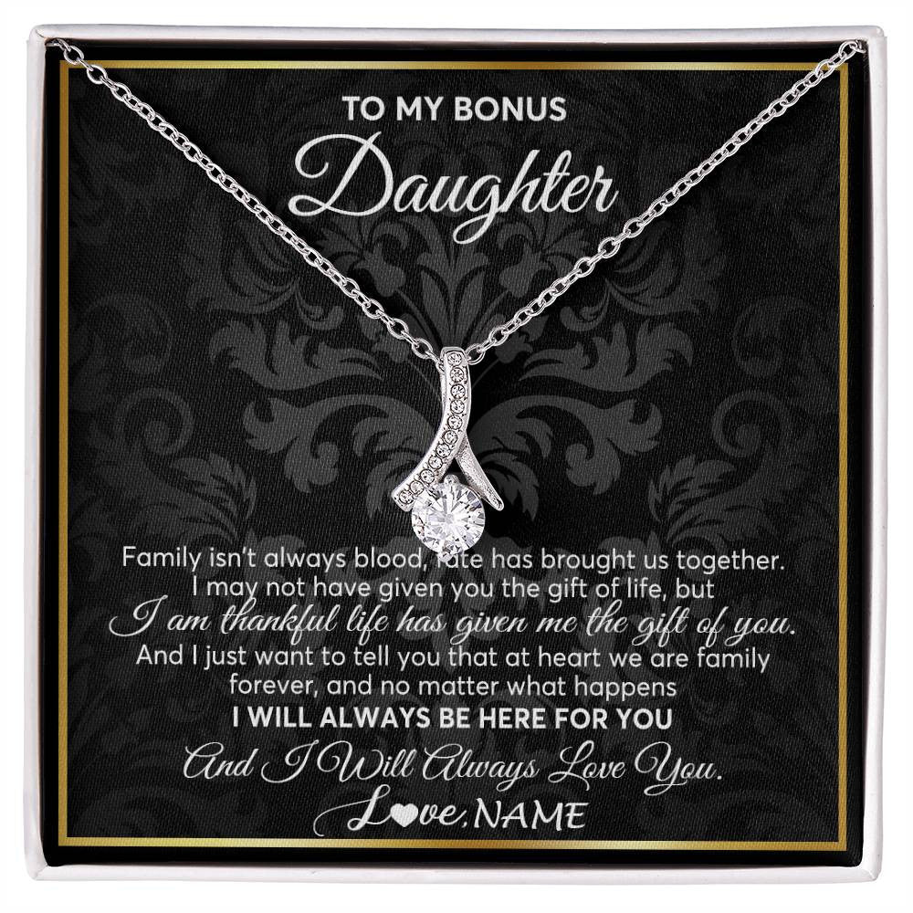 Alluring Beauty Necklace 14K White Gold Finish | Personalized To My Bonus Daughter Necklace From Stepmom Stepdad Father Family Forever Stepdaughter Birthday Christmas Jewelry Customized Gift Box Message Card | siriusteestore