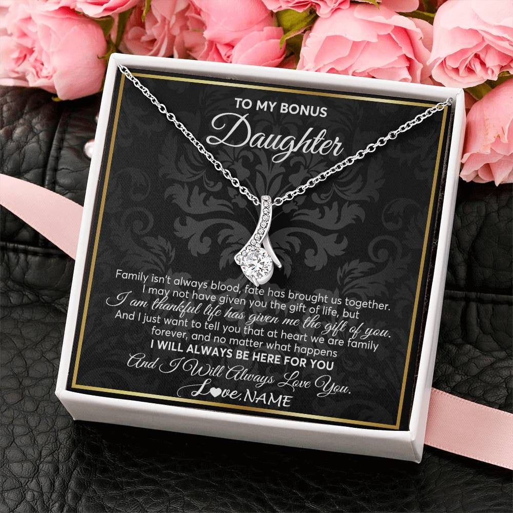 Alluring Beauty Necklace 14K White Gold Finish | Personalized To My Bonus Daughter Necklace From Stepmom Stepdad Father Family Forever Stepdaughter Birthday Christmas Jewelry Customized Gift Box Message Card | siriusteestore