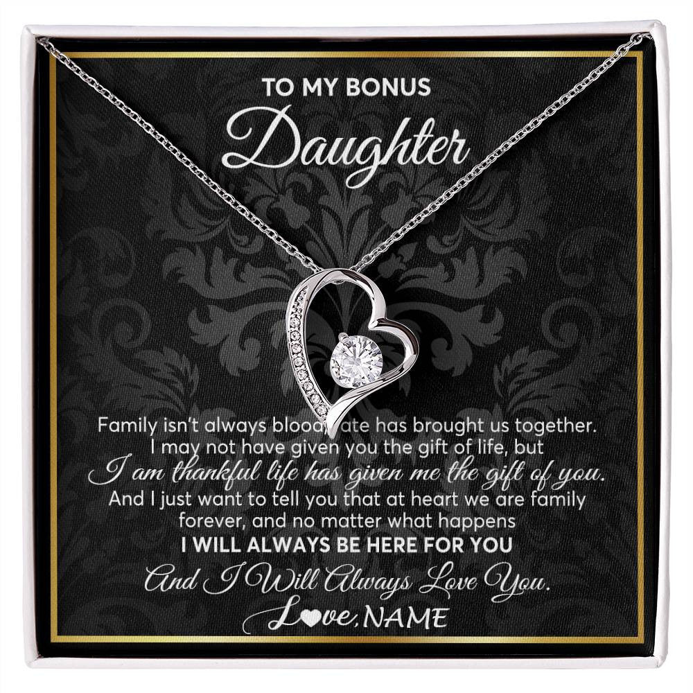 Forever Love Necklace 14K White Gold Finish | Personalized To My Bonus Daughter Necklace From Stepmom Stepdad Father Family Forever Stepdaughter Birthday Christmas Jewelry Customized Gift Box Message Card | siriusteestore