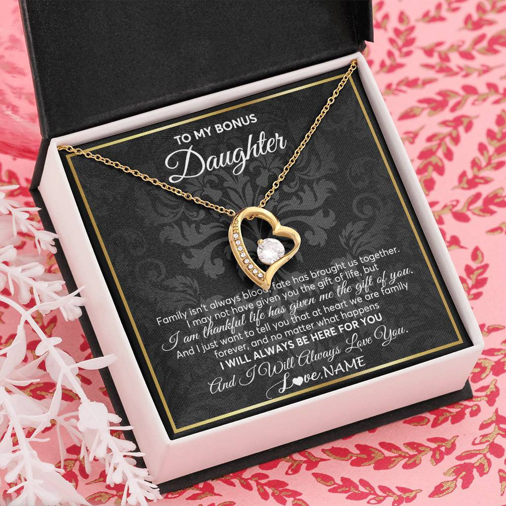Forever Love Necklace 18K Yellow Gold Finish | Personalized To My Bonus Daughter Necklace From Stepmom Stepdad Father Family Forever Stepdaughter Birthday Christmas Jewelry Customized Gift Box Message Card | siriusteestore
