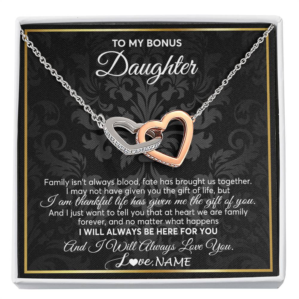 Interlocking Hearts Necklace Stainless Steel & Rose Gold Finish | Personalized To My Bonus Daughter Necklace From Stepmom Stepdad Father Family Forever Stepdaughter Birthday Christmas Jewelry Customized Gift Box Message Card | siriusteestore