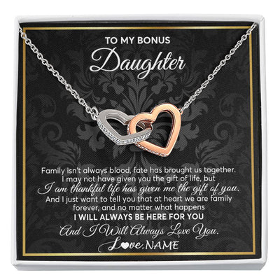 Interlocking Hearts Necklace Stainless Steel & Rose Gold Finish | Personalized To My Bonus Daughter Necklace From Stepmom Stepdad Father Family Forever Stepdaughter Birthday Christmas Jewelry Customized Gift Box Message Card | siriusteestore